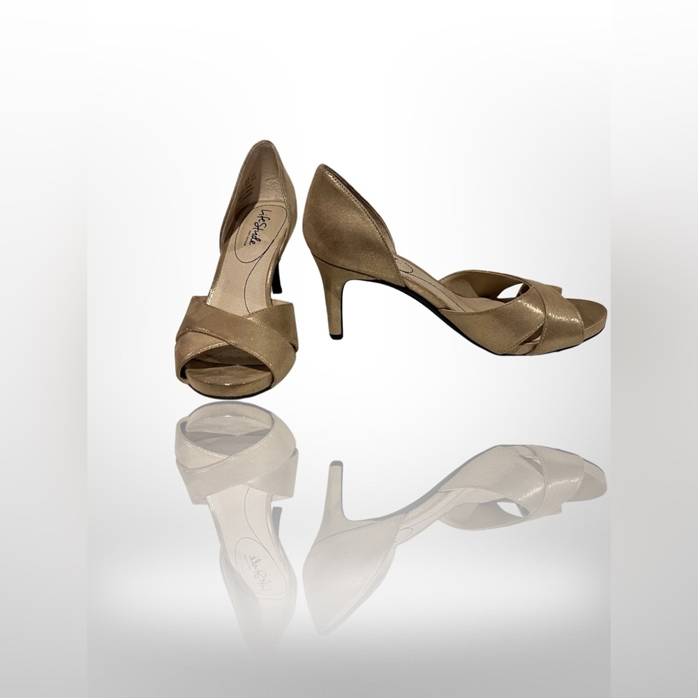 Life Stride Faux Suede Gold 3 inch Peep Toe Heels